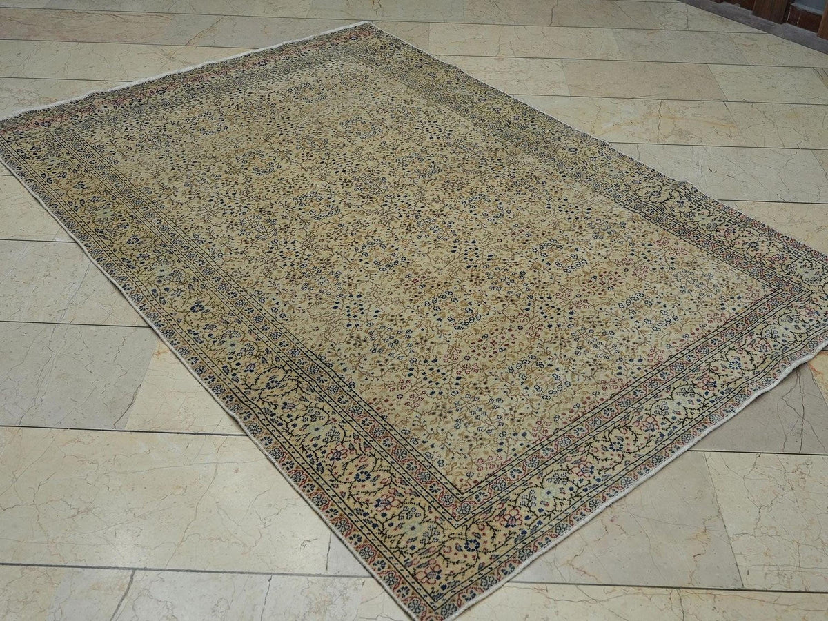 Seven Mountains Flower Pattern Wool & Cotton Rug,5x7 Primitive Handmade Turkish Carpet.