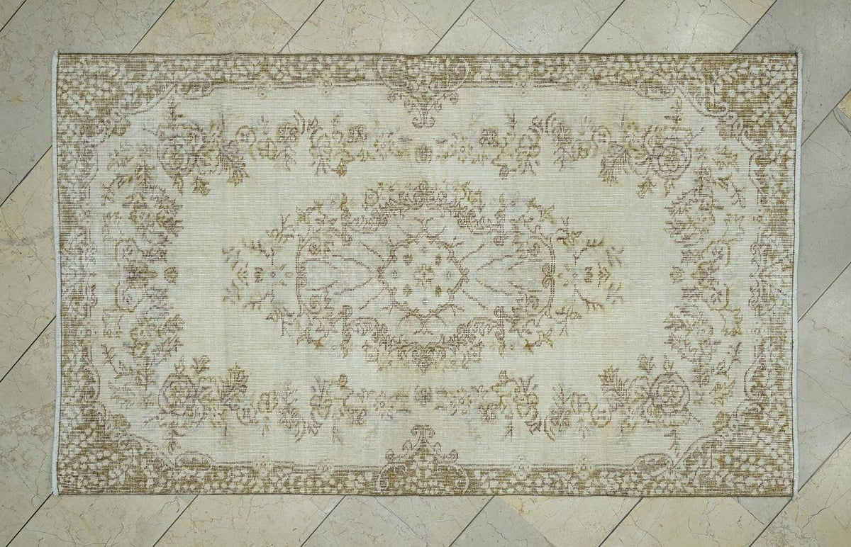 Floral Pattern Neutral Wool Turkish Carpet Rug,4x6.5 Ft,One Of A Kind Oushak Rugs.