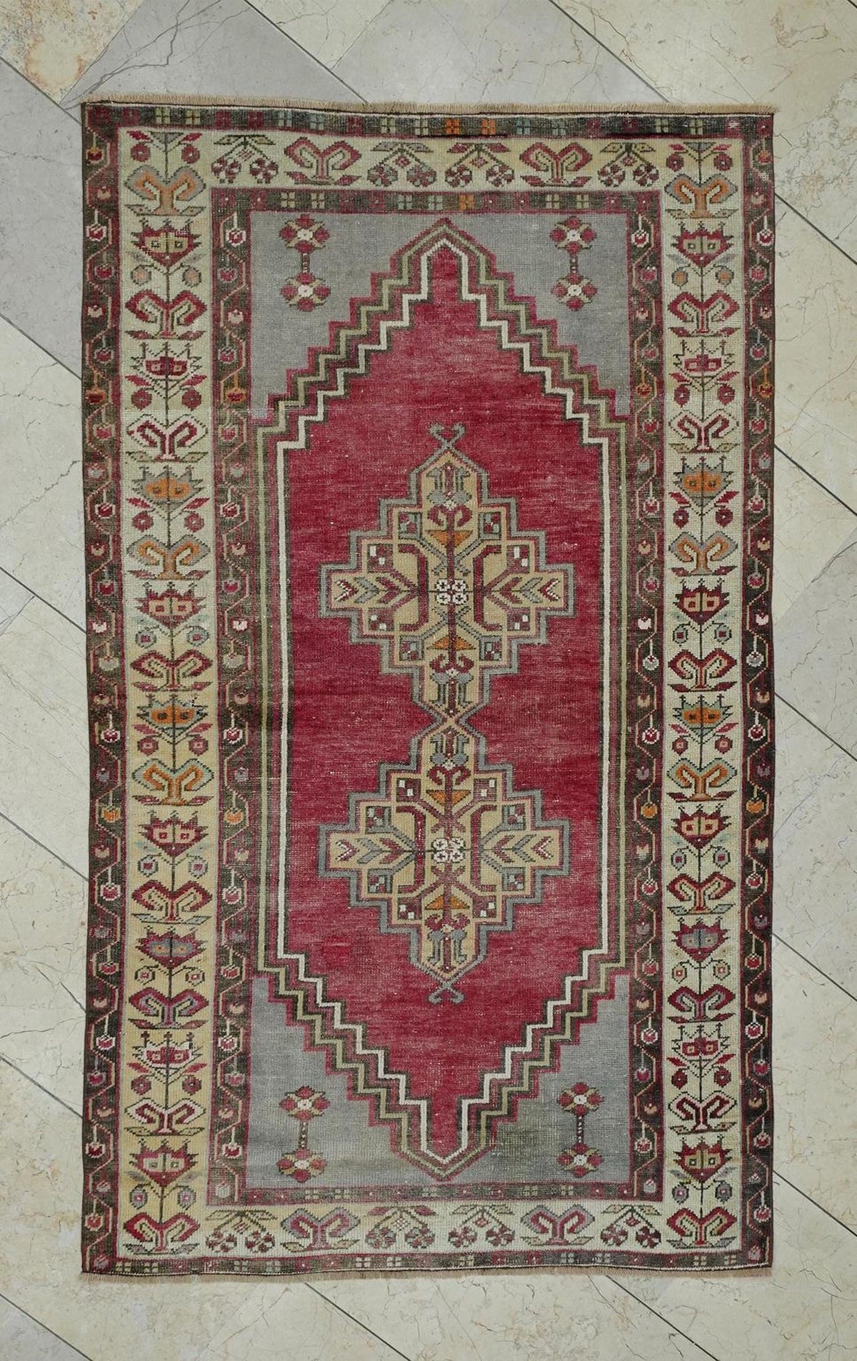 Small Size Vintage Oushak Rug: Mid-Century Modern Turkish Wool Carpet, 3.6 x 6.1 ft.