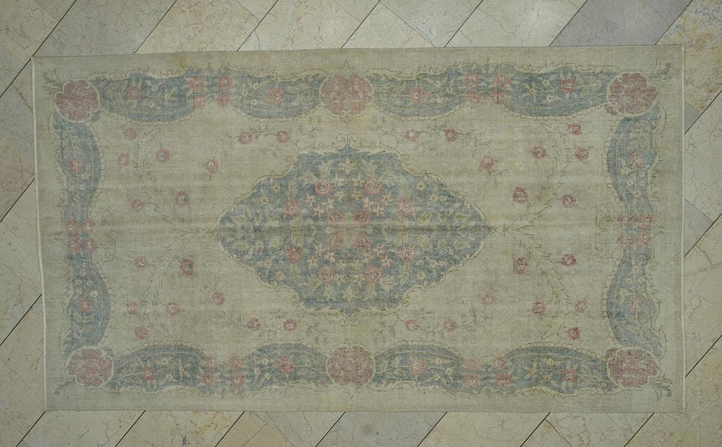 Small Vintage Oushak Rug: Beige Gray Turkish Wool Carpet (4.7x8.2 ft)