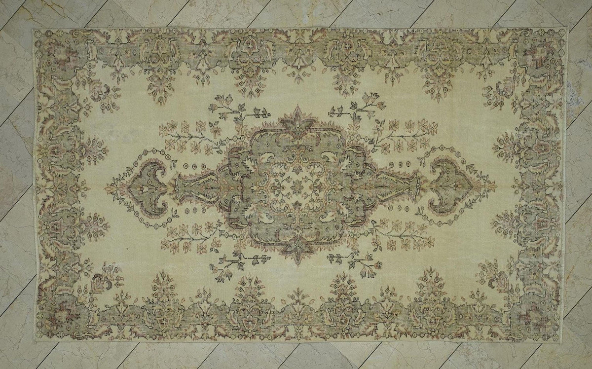 Handmade Oushak Wool Rug: Beige, Gray, Brown Vintage Turkish Carpet 5x8.5 ft.
