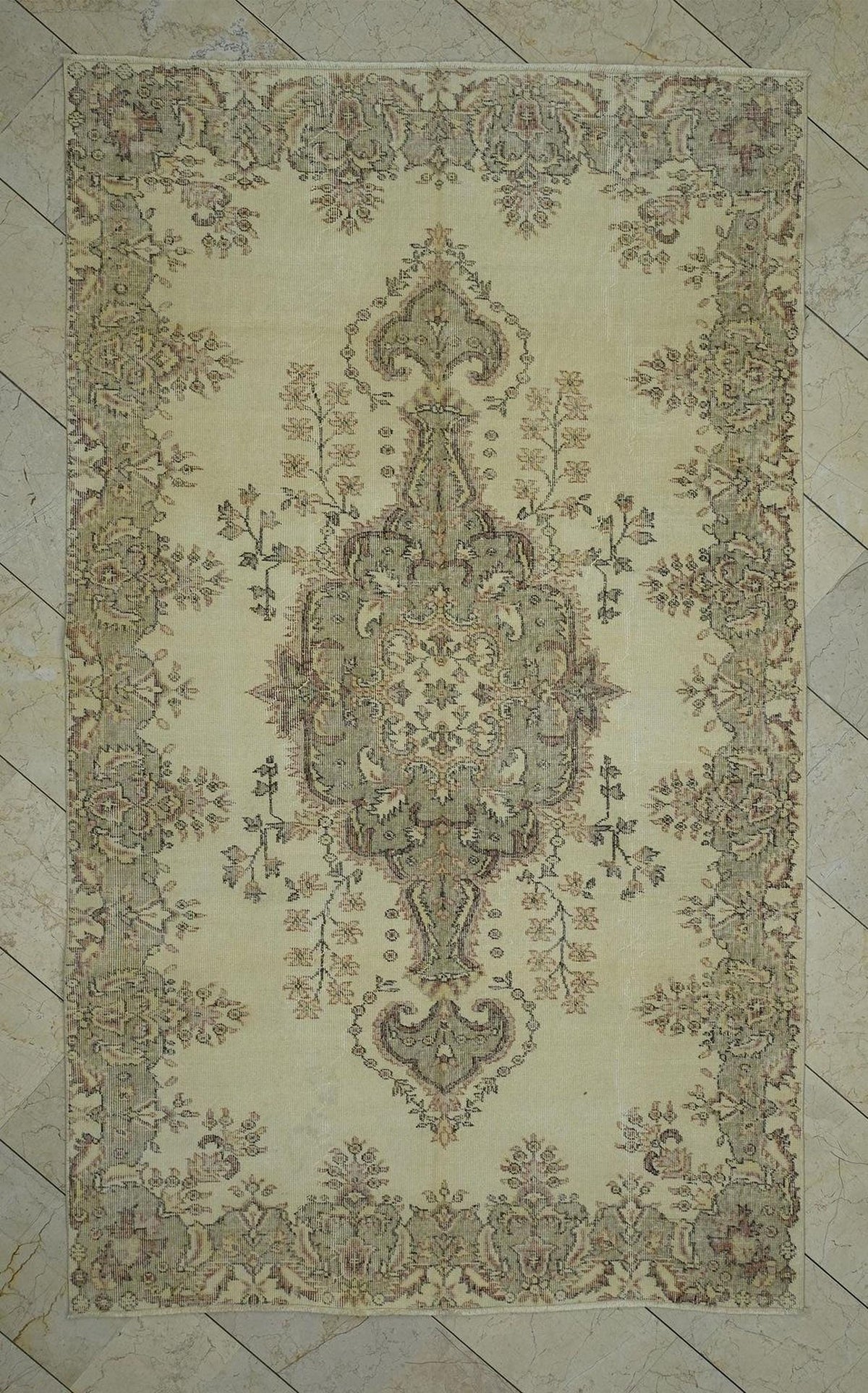 Handmade Oushak Wool Rug: Beige, Gray, Brown Vintage Turkish Carpet 5x8.5 ft.