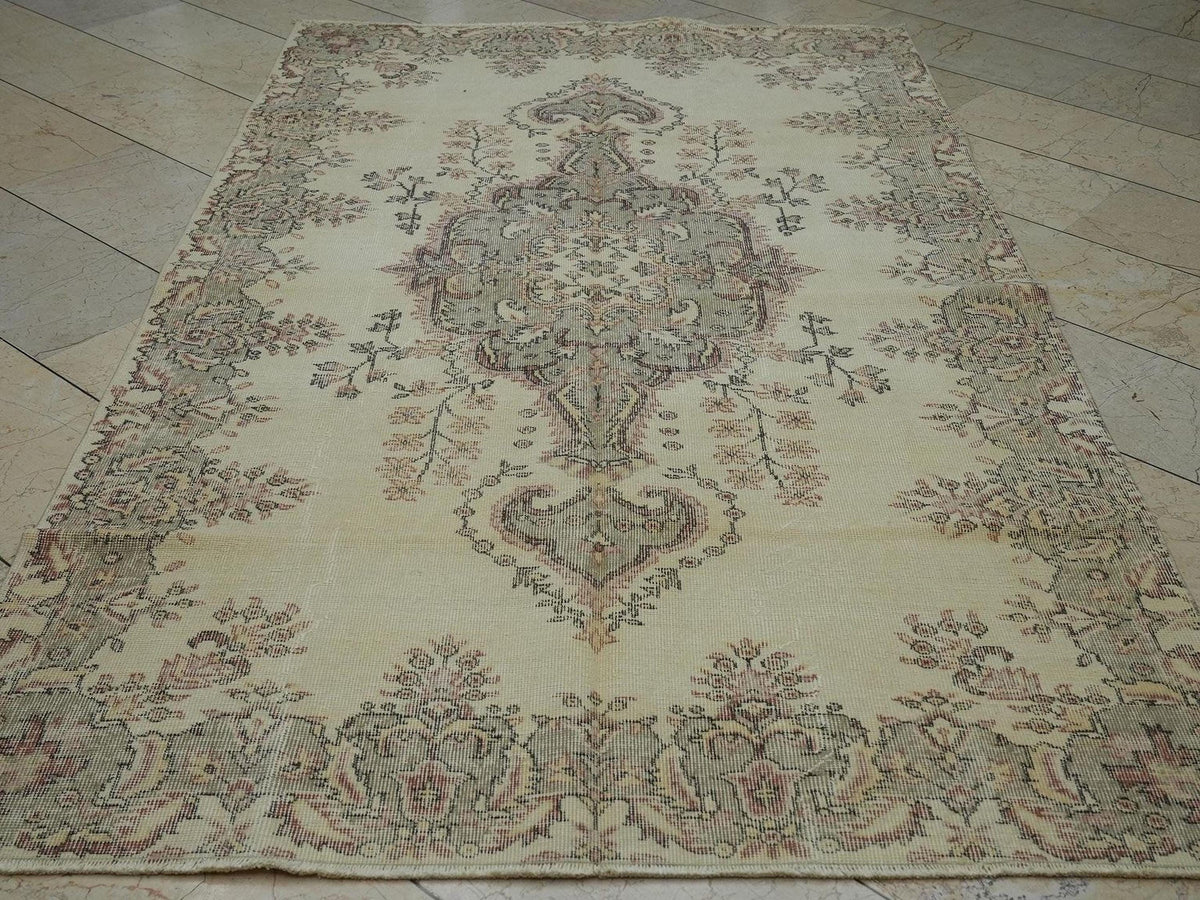 Handmade Oushak Wool Rug: Beige, Gray, Brown Vintage Turkish Carpet 5x8.5 ft.
