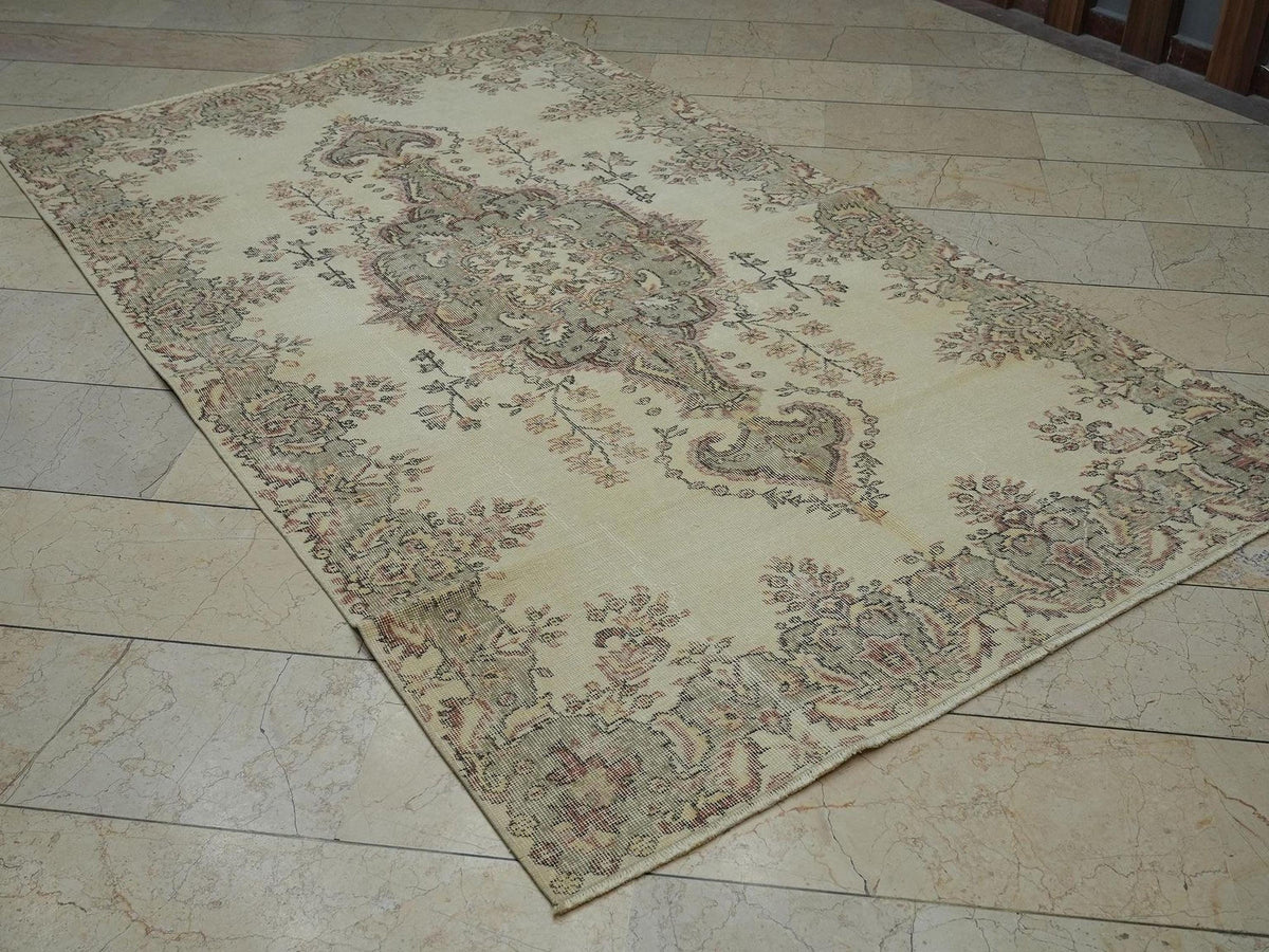 Handmade Oushak Wool Rug: Beige, Gray, Brown Vintage Turkish Carpet 5x8.5 ft.