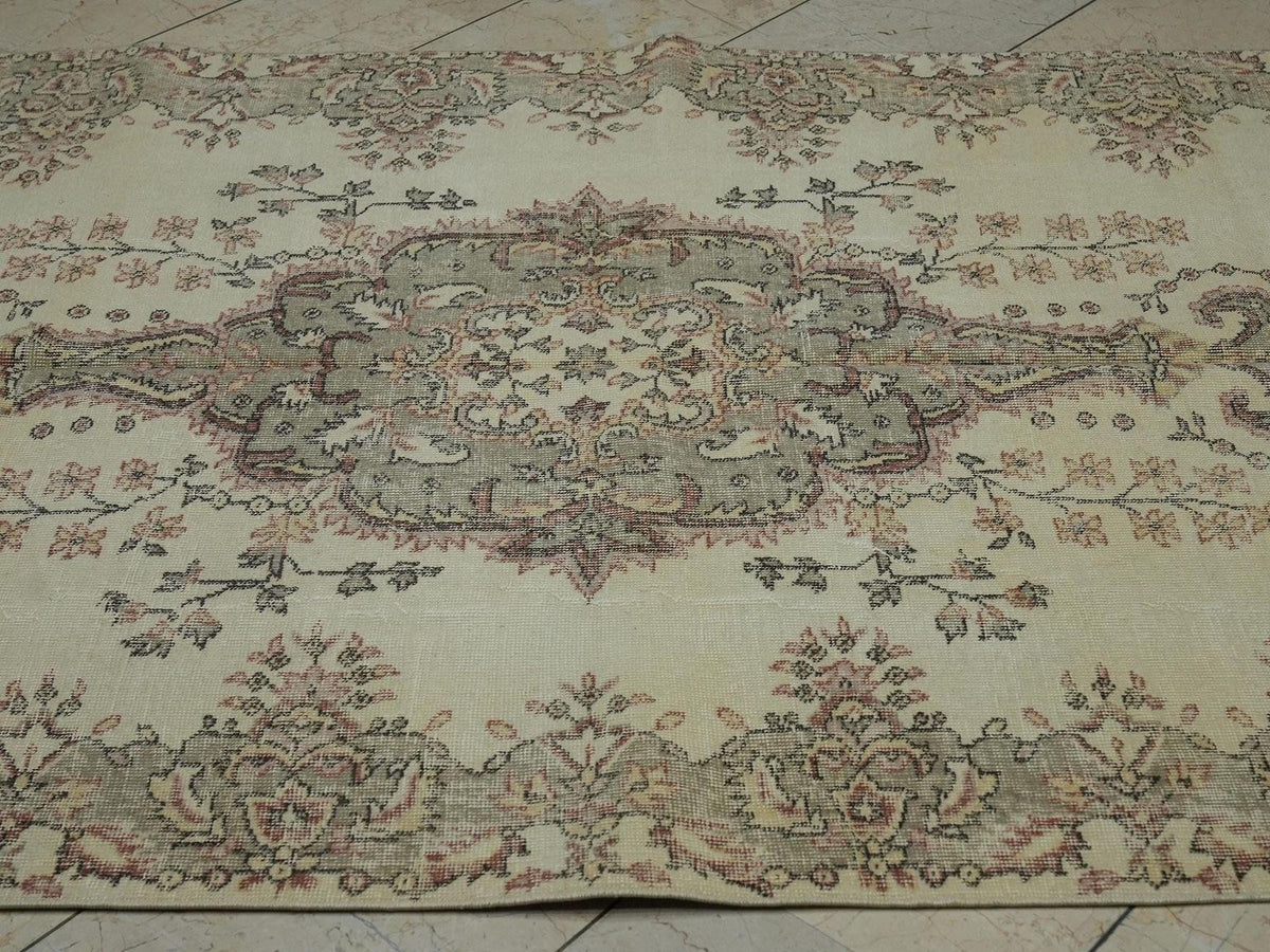 Handmade Oushak Wool Rug: Beige, Gray, Brown Vintage Turkish Carpet 5x8.5 ft.
