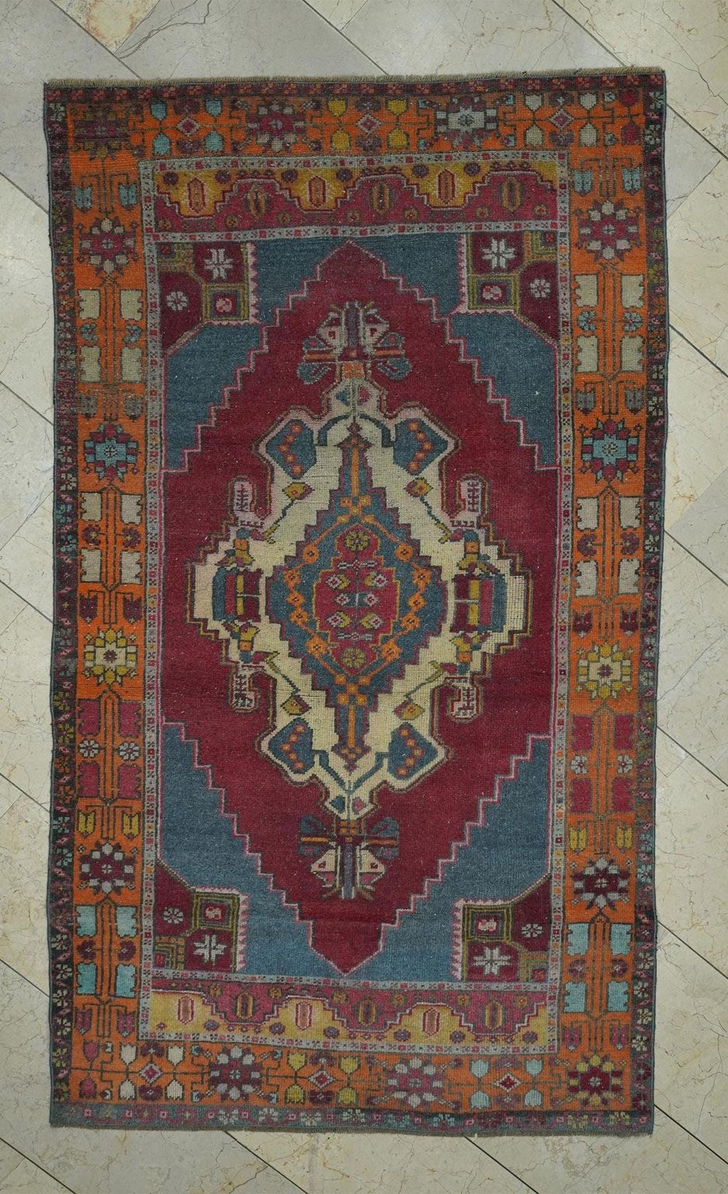 4x7 Blue Red Vintage Wool Oushak Rug,Handmade Old Rugs