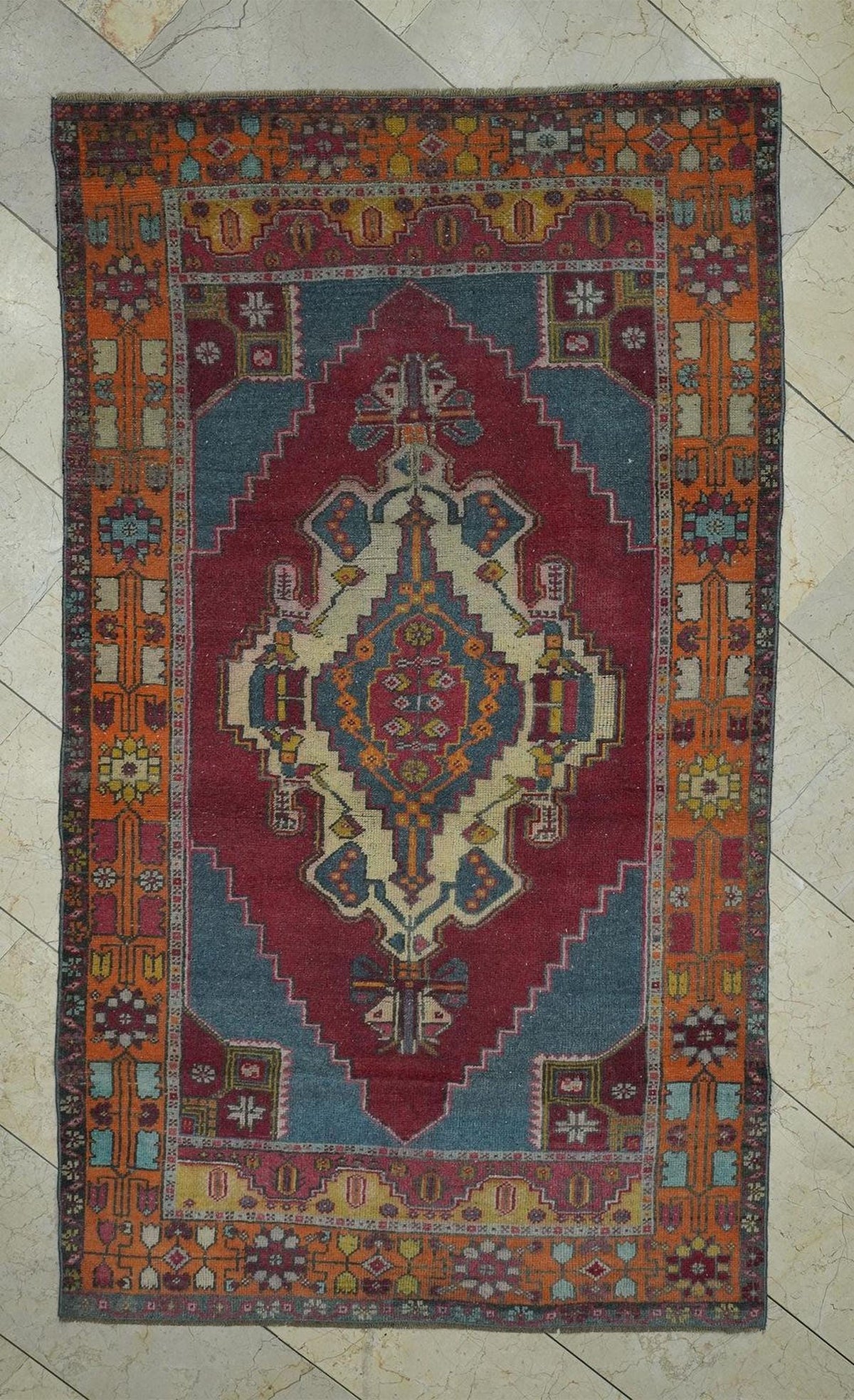 4x7 Blue Red Vintage Wool Oushak Rug,Handmade Old Rugs