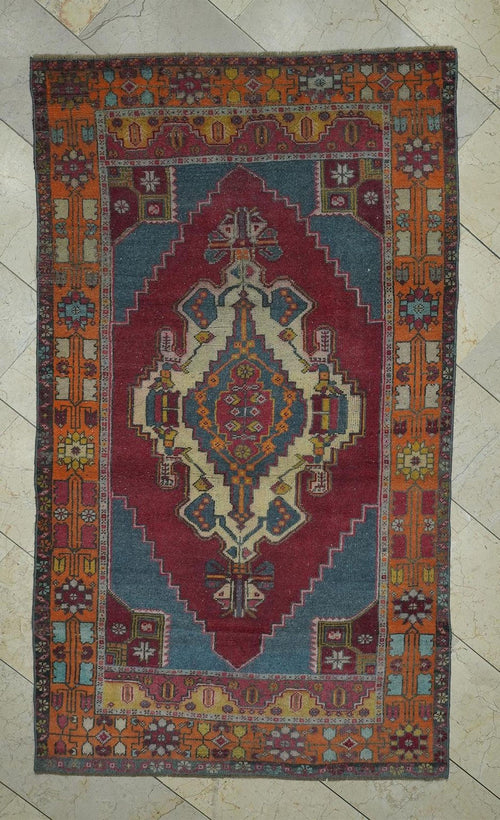 4x7 Blue Red Vintage Wool Oushak Rug,Handmade Old Rugs