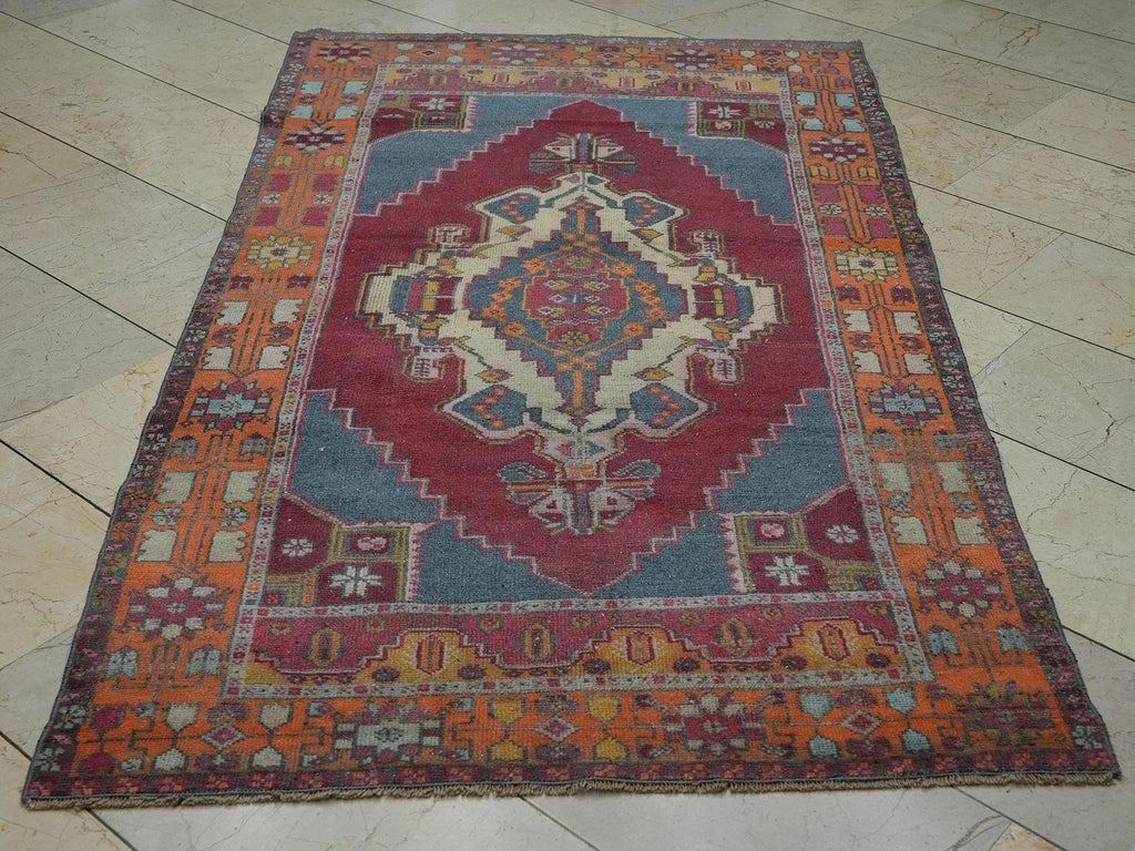 4x7 Blue Red Vintage Wool Oushak Rug,Handmade Old Rugs