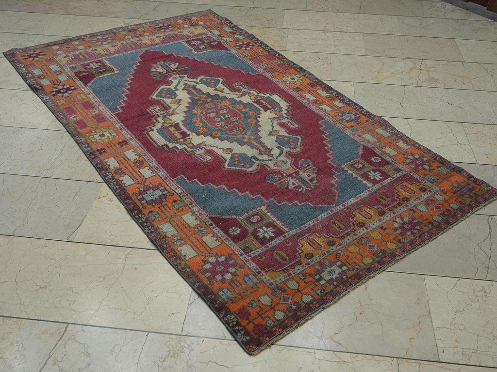 4x7 Blue Red Vintage Wool Oushak Rug,Handmade Old Rugs