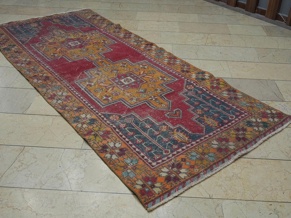 4x9 Vintage Wool Oushak Rug,Orange Red Handmade Turkish Rugs Home Decor.