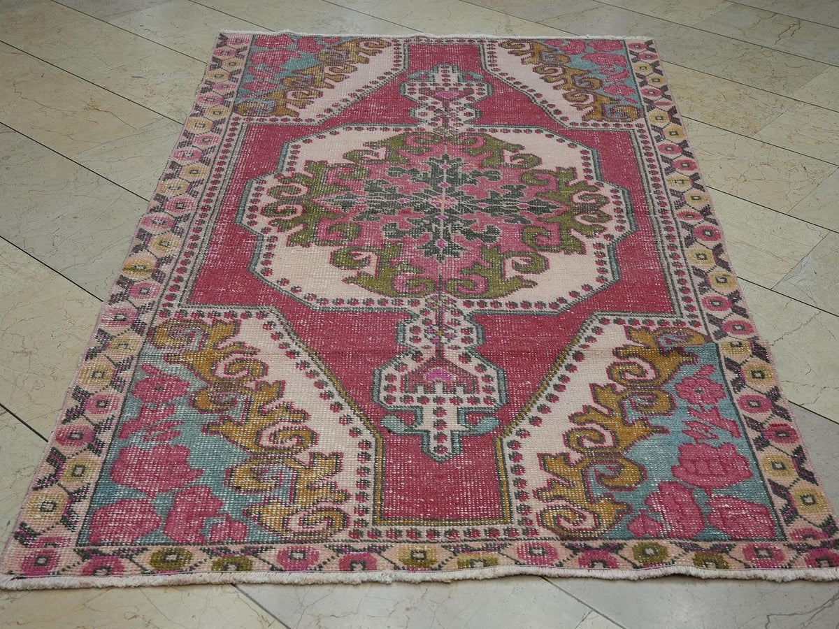 4x7 Mid Century Modern Blue Red Vintage Oushak Rug,Home Living Decor Wool Rugs.