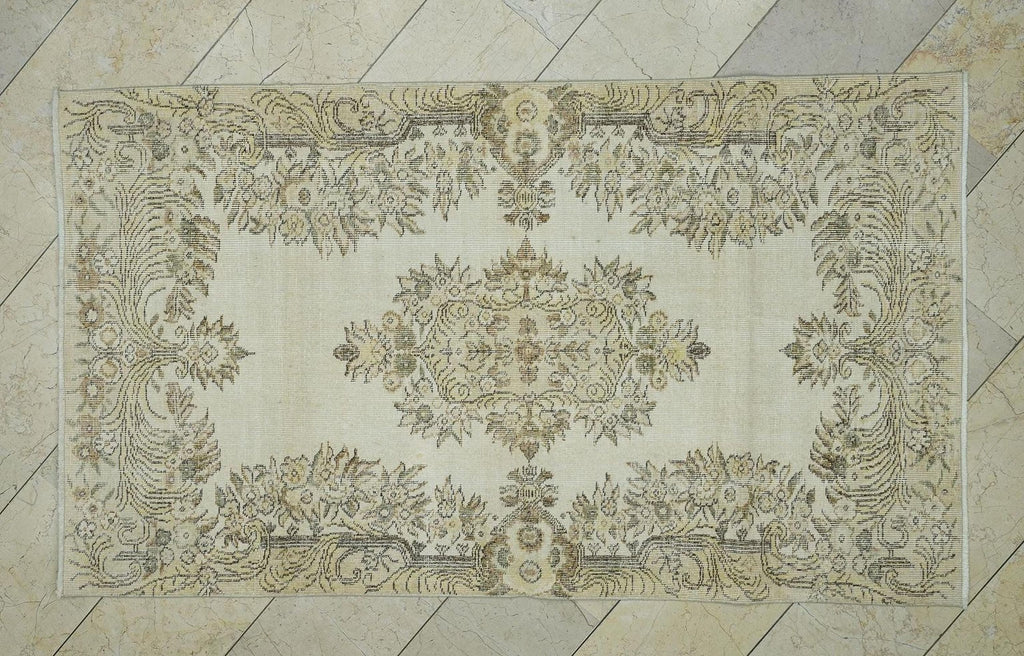 Neutral Handmade Wool Oushak Rug: 3.9"x6.7" Turkish Area Carpet