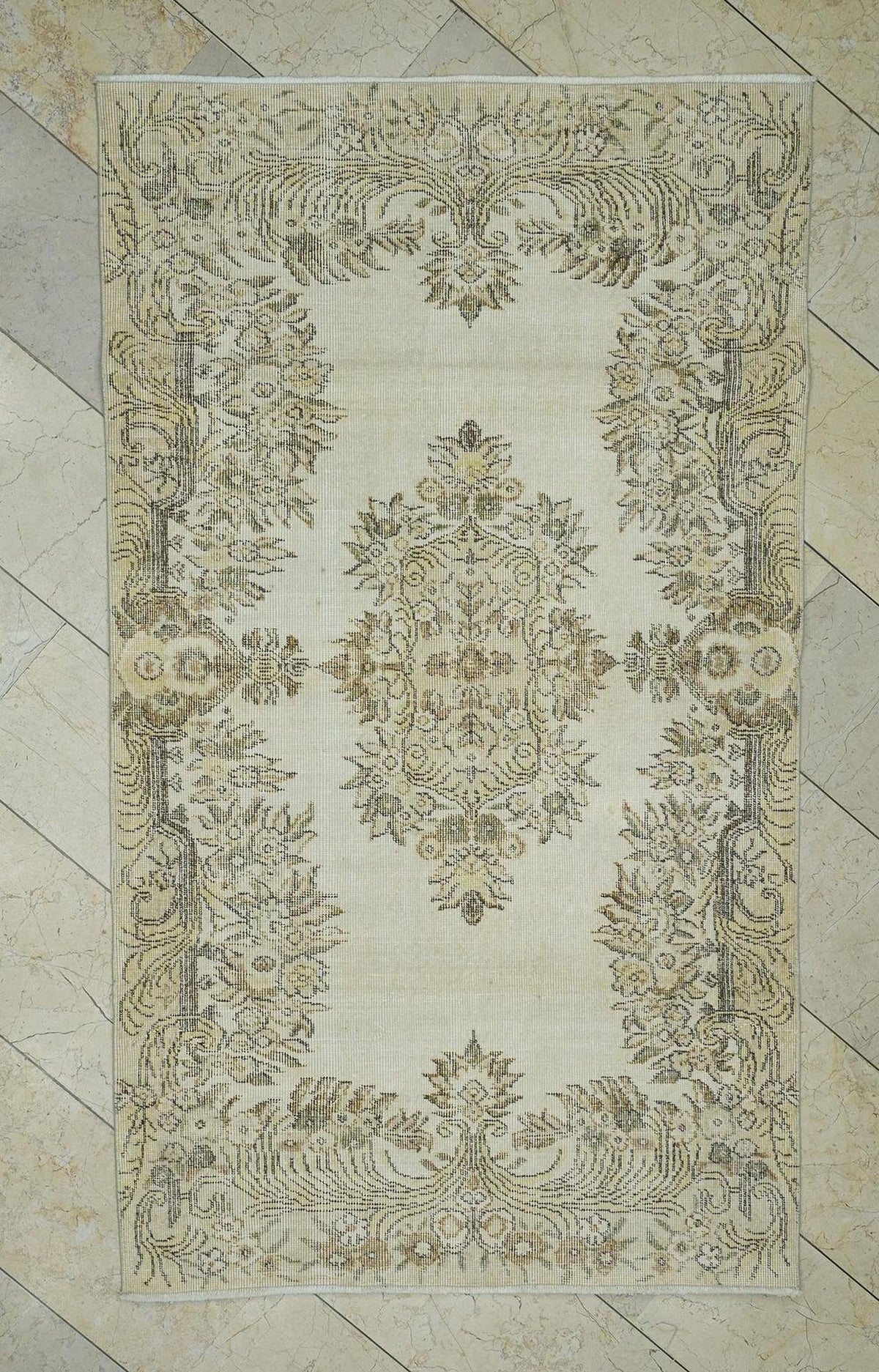 Neutral Handmade Wool Oushak Rug: 3.9"x6.7" Turkish Area Carpet