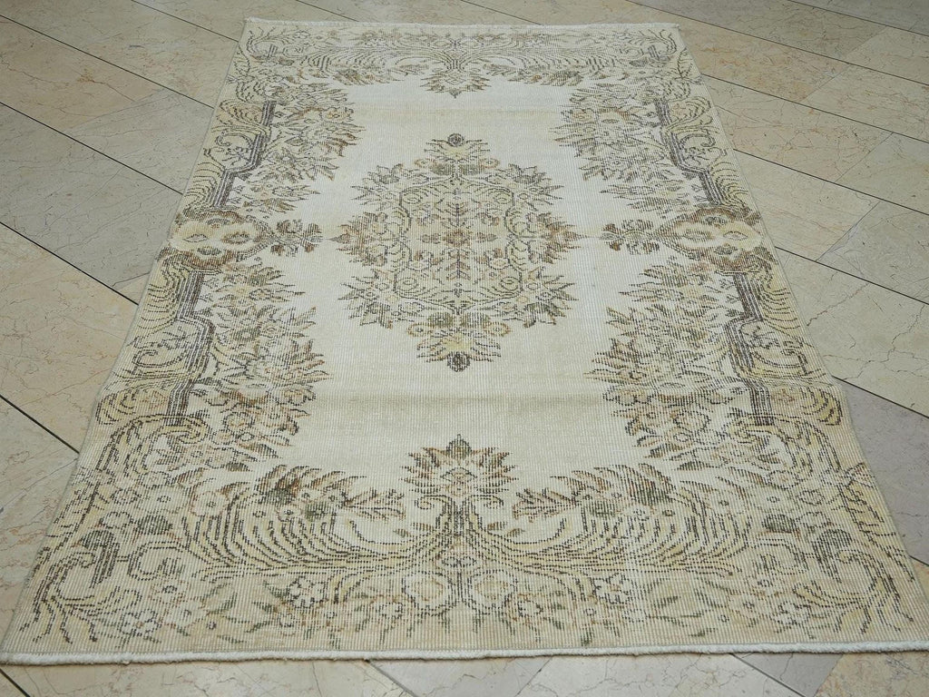 Neutral Handmade Wool Oushak Rug: 3.9"x6.7" Turkish Area Carpet