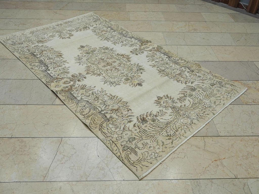 Neutral Handmade Wool Oushak Rug: 3.9"x6.7" Turkish Area Carpet