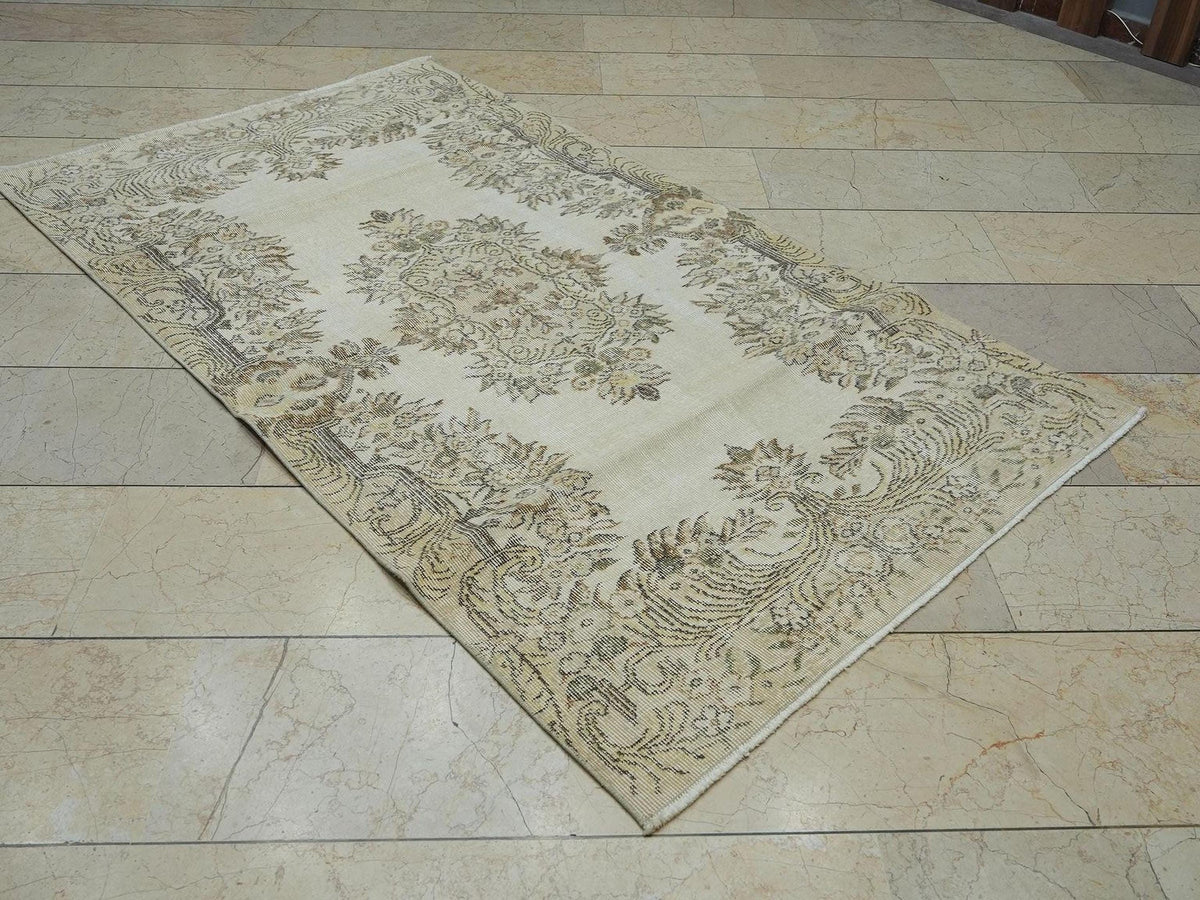 Neutral Handmade Wool Oushak Rug: 3.9"x6.7" Turkish Area Carpet
