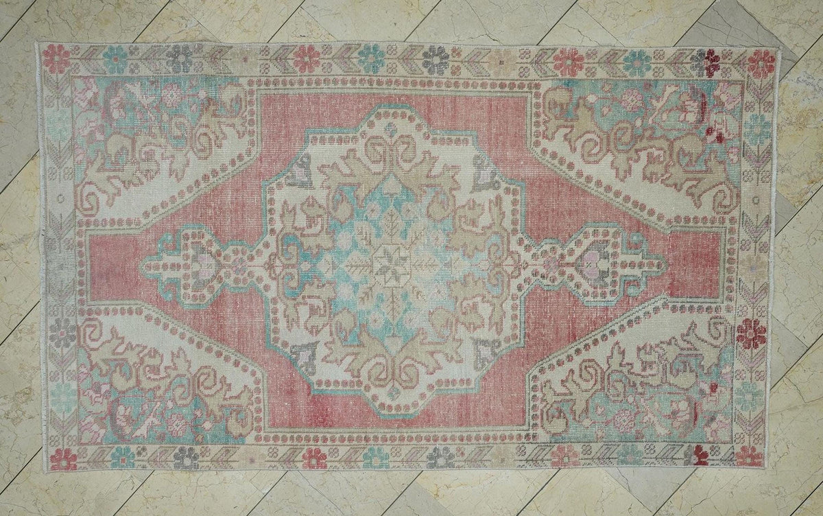 4x7 Blue And Pastel Red Mid Century Antique Turkish Carpet Rug.