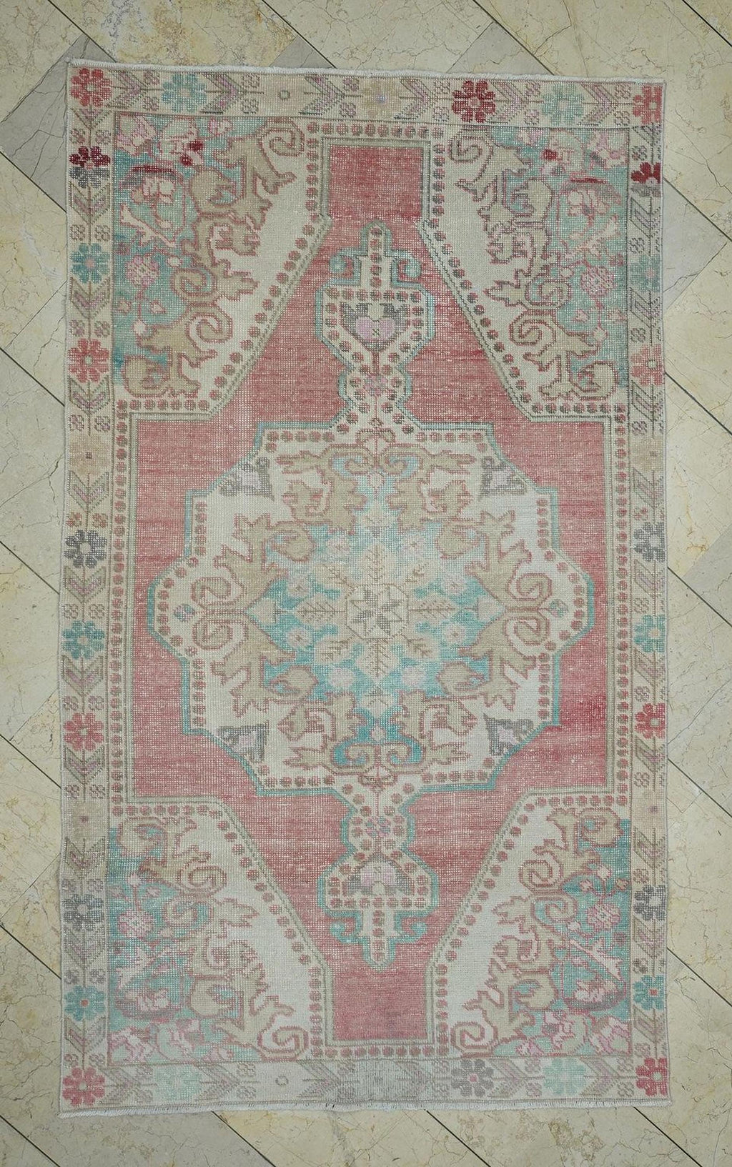 4x7 Blue And Pastel Red Mid Century Antique Turkish Carpet Rug.