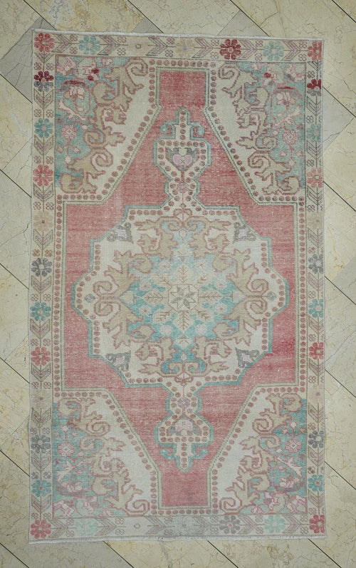4x7 Blue And Pastel Red Mid Century Antique Turkish Carpet Rug.