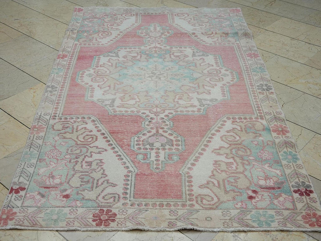 4x7 Blue And Pastel Red Mid Century Antique Turkish Carpet Rug.