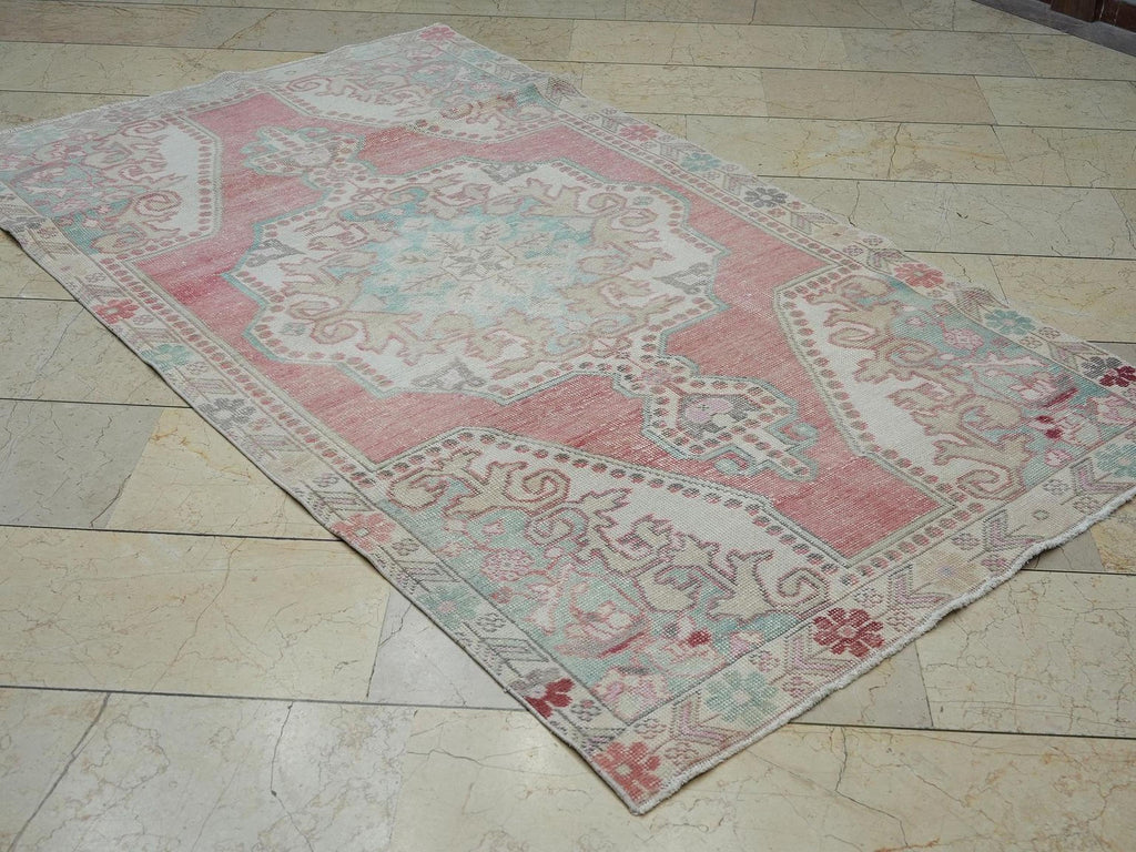 4x7 Blue And Pastel Red Mid Century Antique Turkish Carpet Rug.