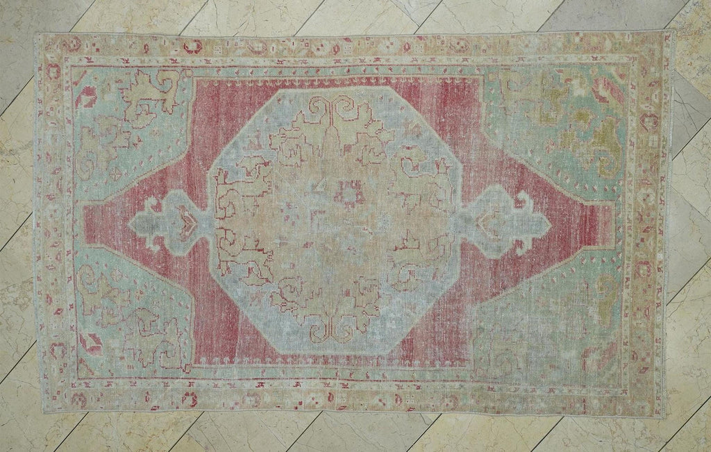 Sky Blue & Red Antique Wool Oushak Rug,4x7 Home Living Decor Turkish Handmade Rugs.