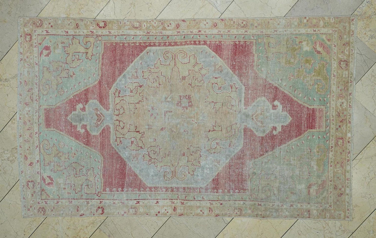 Sky Blue & Red Antique Wool Oushak Rug,4x7 Home Living Decor Turkish Handmade Rugs.