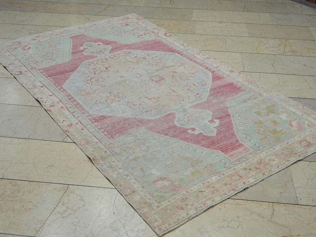 Sky Blue & Red Antique Wool Oushak Rug,4x7 Home Living Decor Turkish Handmade Rugs.