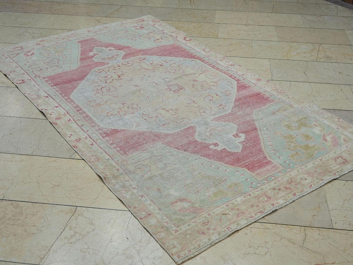 Sky Blue & Red Antique Wool Oushak Rug,4x7 Home Living Decor Turkish Handmade Rugs.