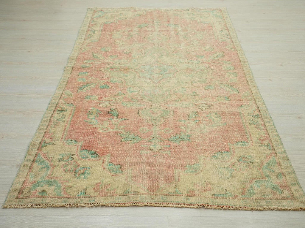Small Vintage Oushak Rug: Green & Red Turkish Wool Carpet Rugs, 4,3"x7,5" Feet.