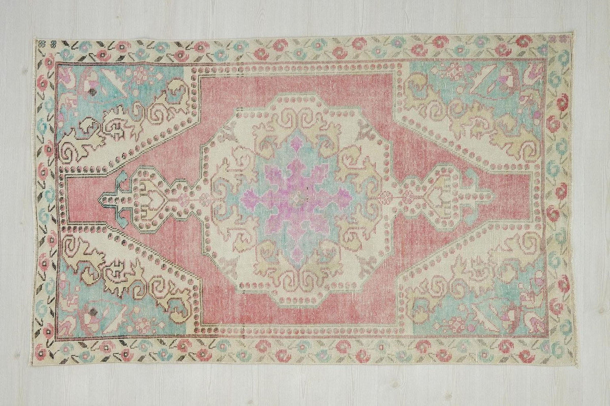 Pink Oushak Rug: Wool on Cotton Turkish Carpet, Mid-Century Modern Rugs 4,4x7 Feet.