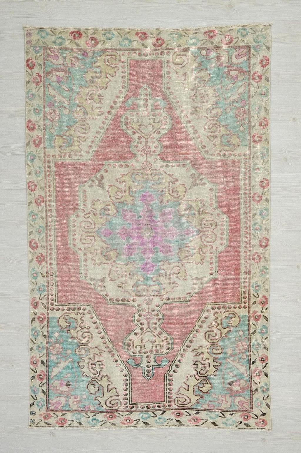 Pink Oushak Rug: Wool on Cotton Turkish Carpet, Mid-Century Modern Rugs 4,4x7 Feet.