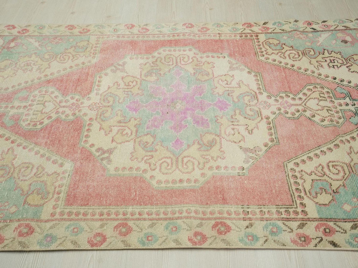 Pink Oushak Rug: Wool on Cotton Turkish Carpet, Mid-Century Modern Rugs 4,4x7 Feet.