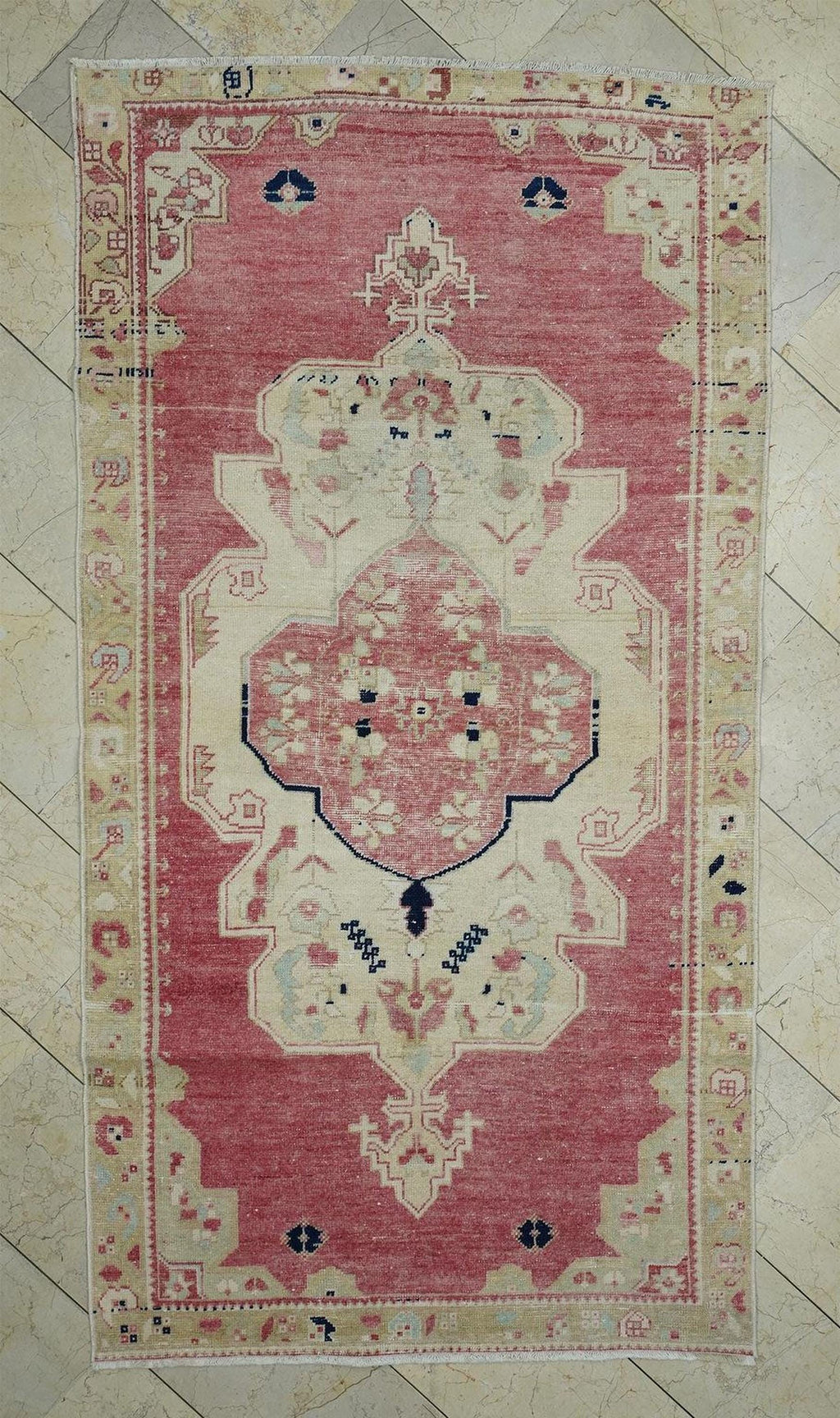 4.x 7.5 Vintage Primitive Design Oushak Rug,Turkish Wool And Cotton Carpet.