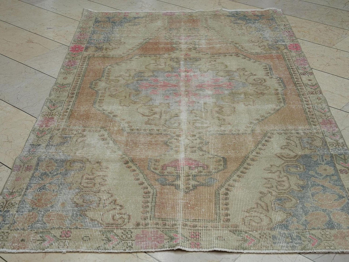 Vintage Turkish Rug:4.3x7 Feet,Mid Century Modern Pale Colors Oushak Rugs.