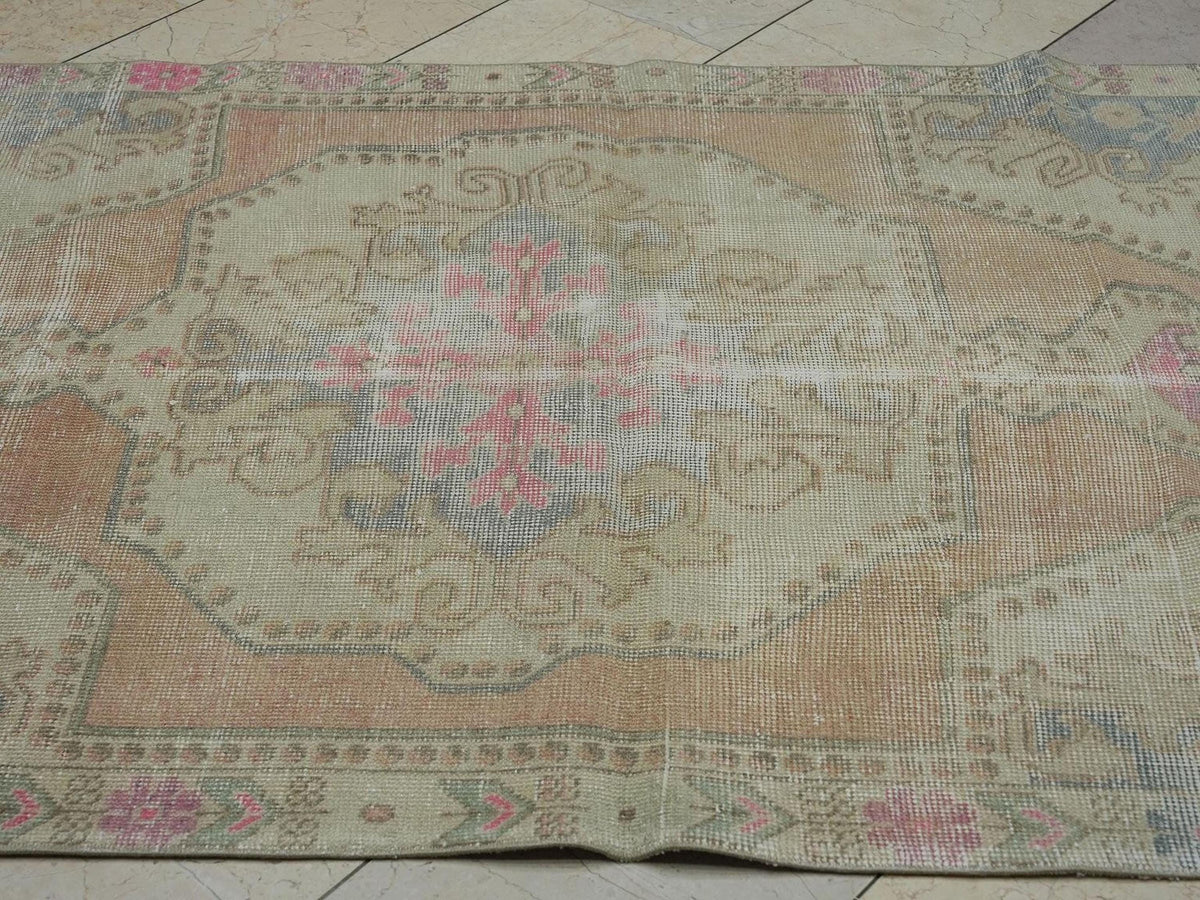 Vintage Turkish Rug:4.3x7 Feet,Mid Century Modern Pale Colors Oushak Rugs.