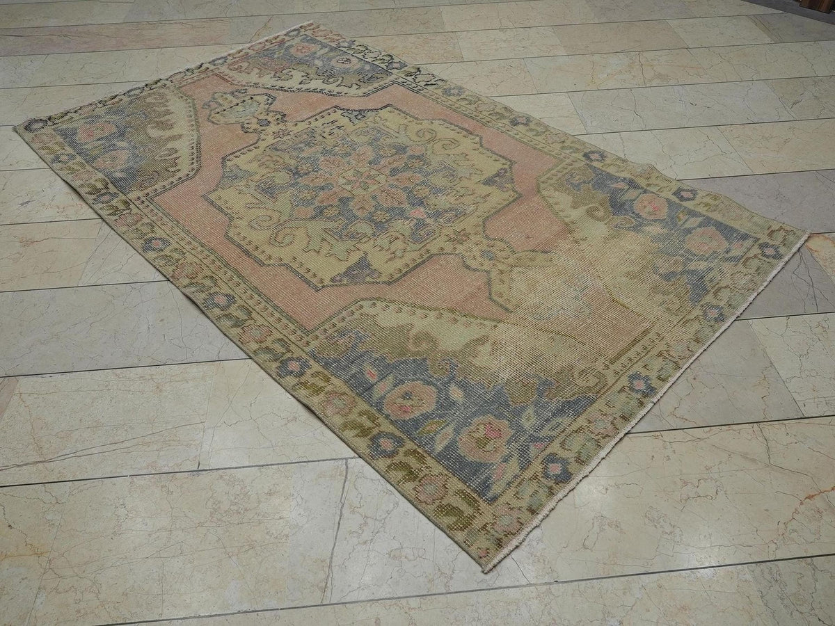 Vintage Pale Colors Oushak Rug: 4.5x7.4 Feet,Small Size Low Pile Turkish Rugs.