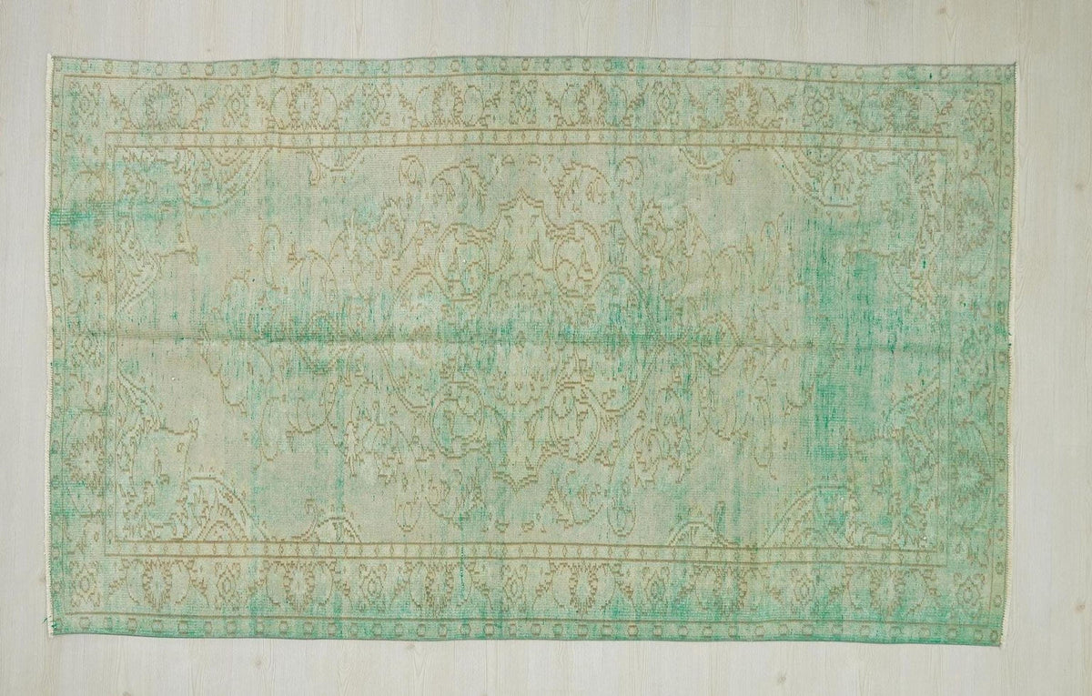 Vintage Turkish Oushak Rug 5x8: Green Mid Century Modern Carpet.