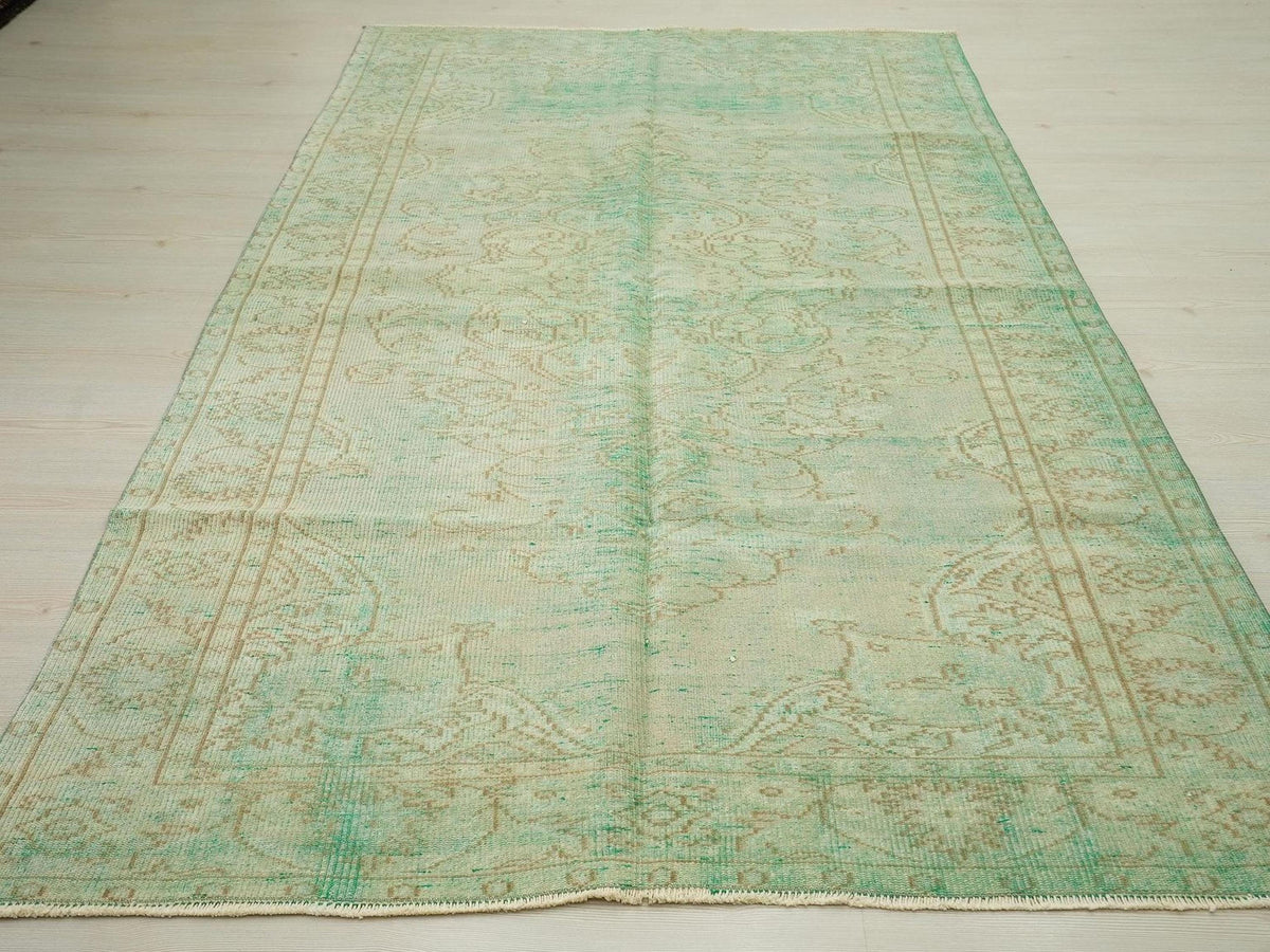 Vintage Turkish Oushak Rug 5x8: Green Mid Century Modern Carpet.
