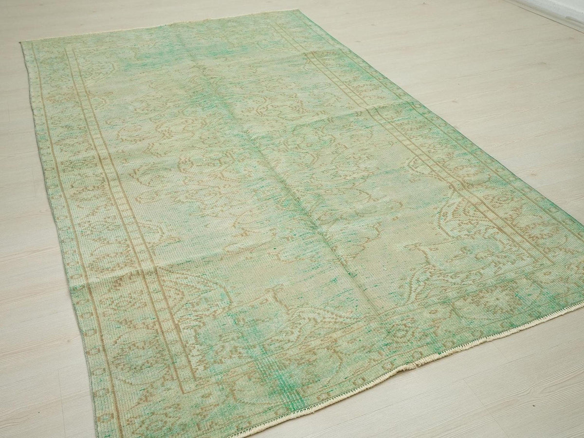 Vintage Turkish Oushak Rug 5x8: Green Mid Century Modern Carpet.