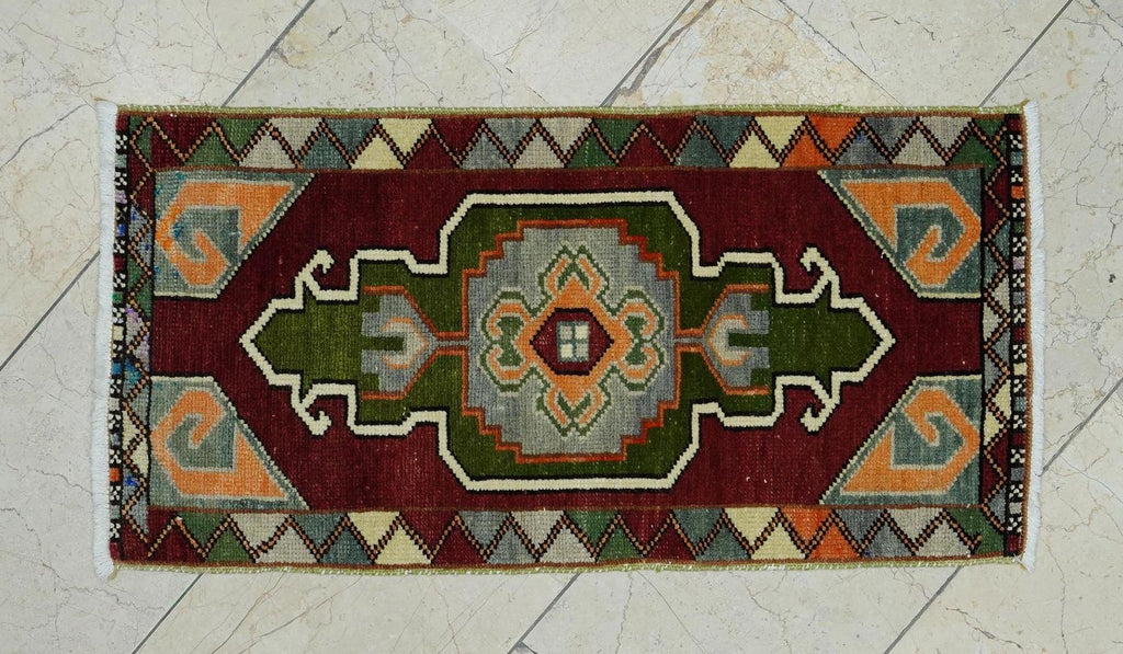 Rare Primitive Pattern Small Turkish Carpet Rug: 1.7x3.1 Feet,Wall Hanging Handmade Rugs.