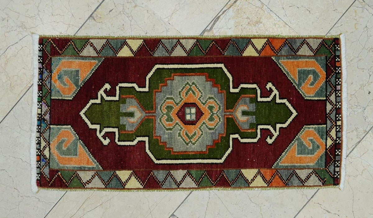Rare Primitive Pattern Small Turkish Carpet Rug: 1.7x3.1 Feet,Wall Hanging Handmade Rugs.