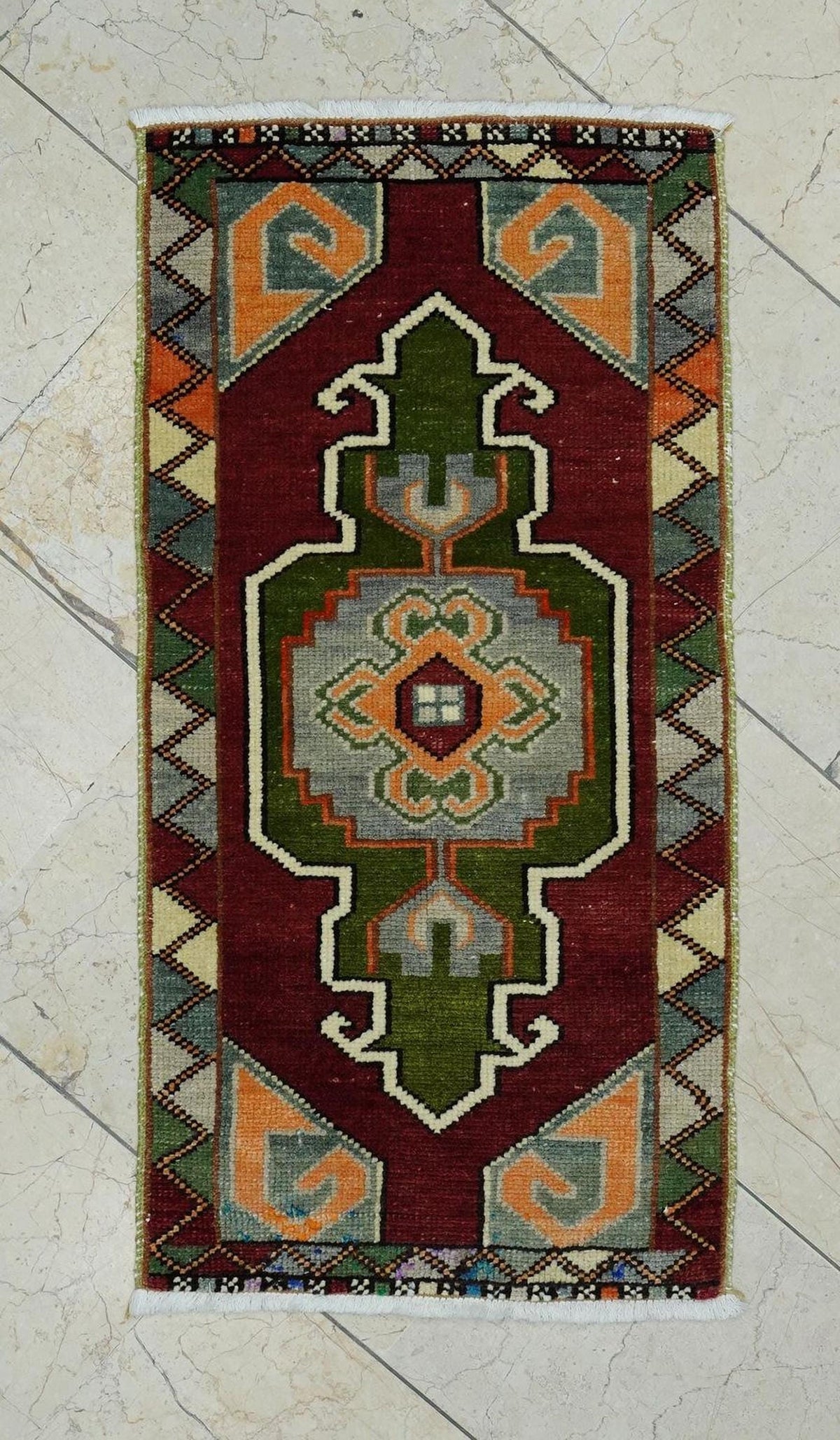Rare Primitive Pattern Small Turkish Carpet Rug: 1.7x3.1 Feet,Wall Hanging Handmade Rugs.