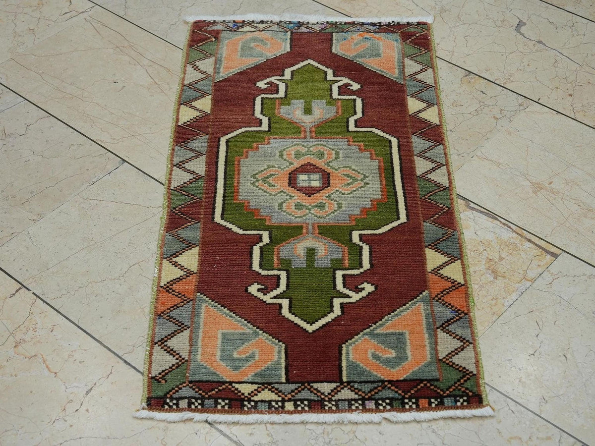 Rare Primitive Pattern Small Turkish Carpet Rug: 1.7x3.1 Feet,Wall Hanging Handmade Rugs.