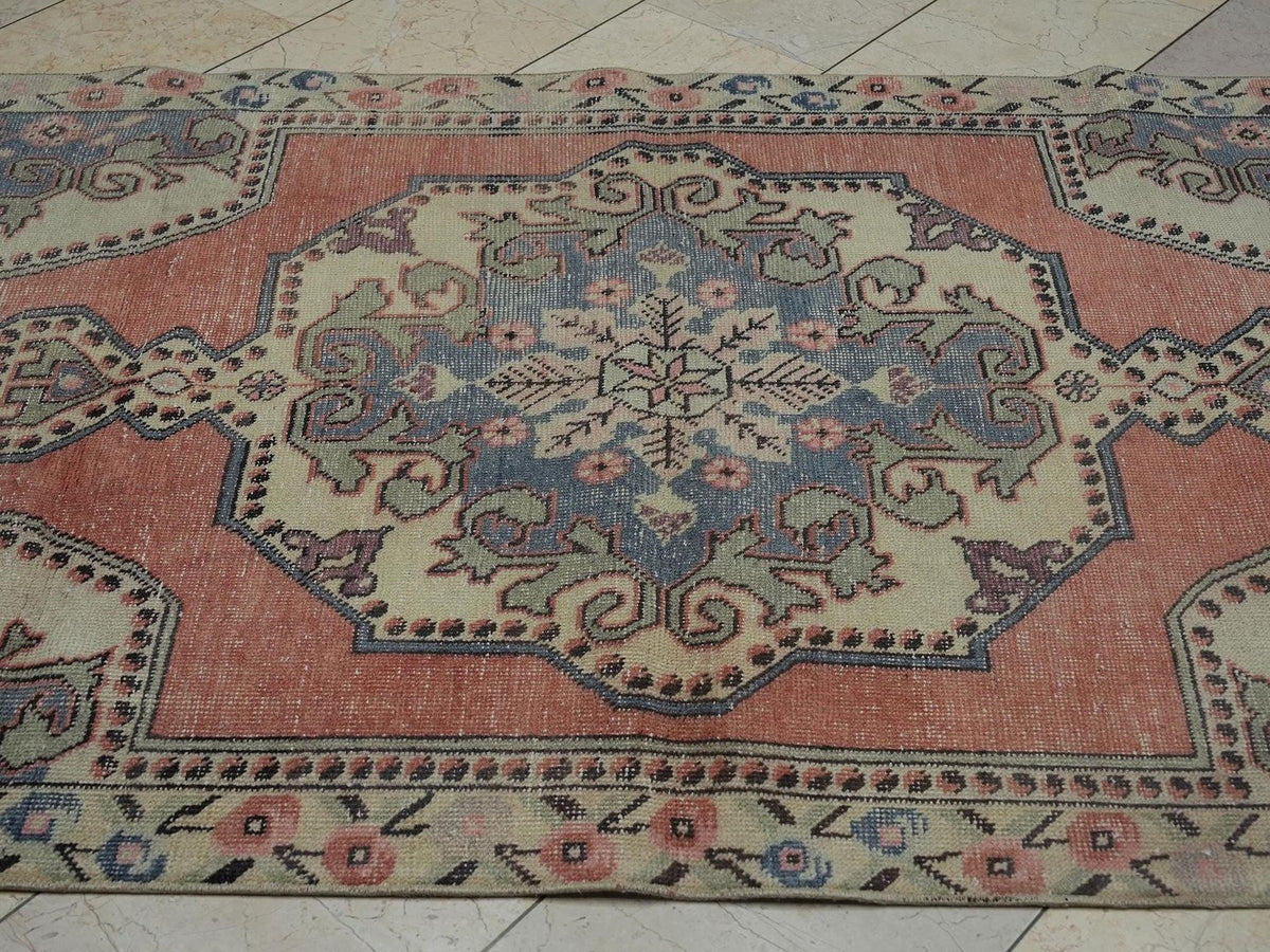 Mid Century Modern,Vintage Turkish Wool Carpet Rug:4.4x7.7 Feet,Low Pile Oushak Rugs.