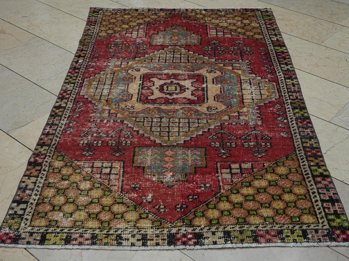 Small Size Colorful Vintage Oushak Rug: 3.7x5.9 Feet,Mid Century Modern Rugs.