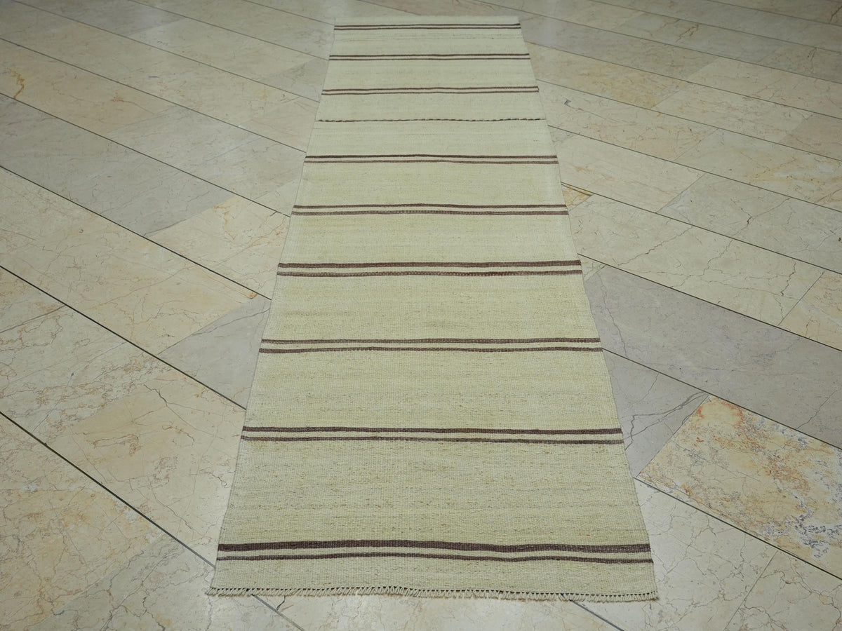 Striped Neutral Kilim Rug Runner:2.4x9.5 Feet,Narrow Corridor Decor,Turkish Rugs.