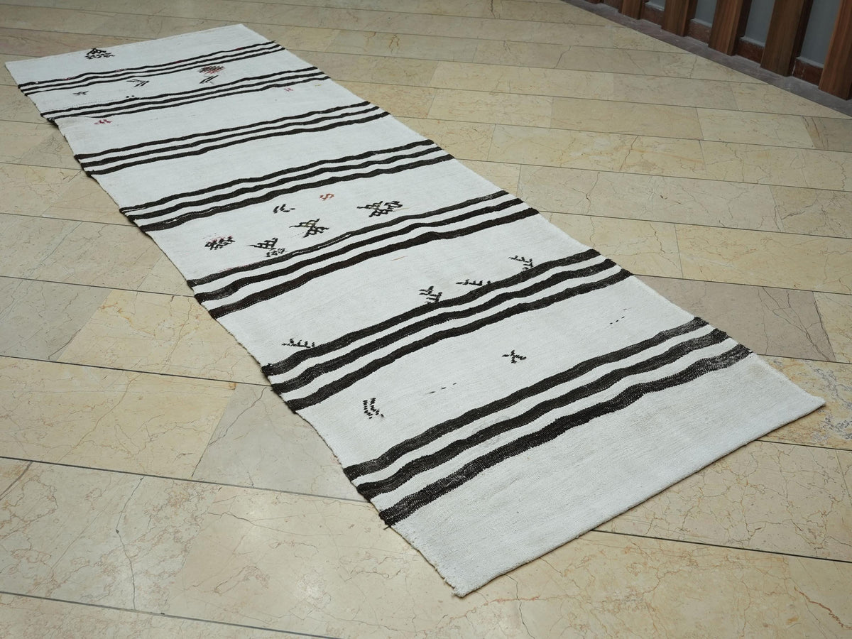 Dark Brown Striped White Hemp Kilim Rug Runner: 3.3x10 Feet,Scandinavian Style Decor Rugs.