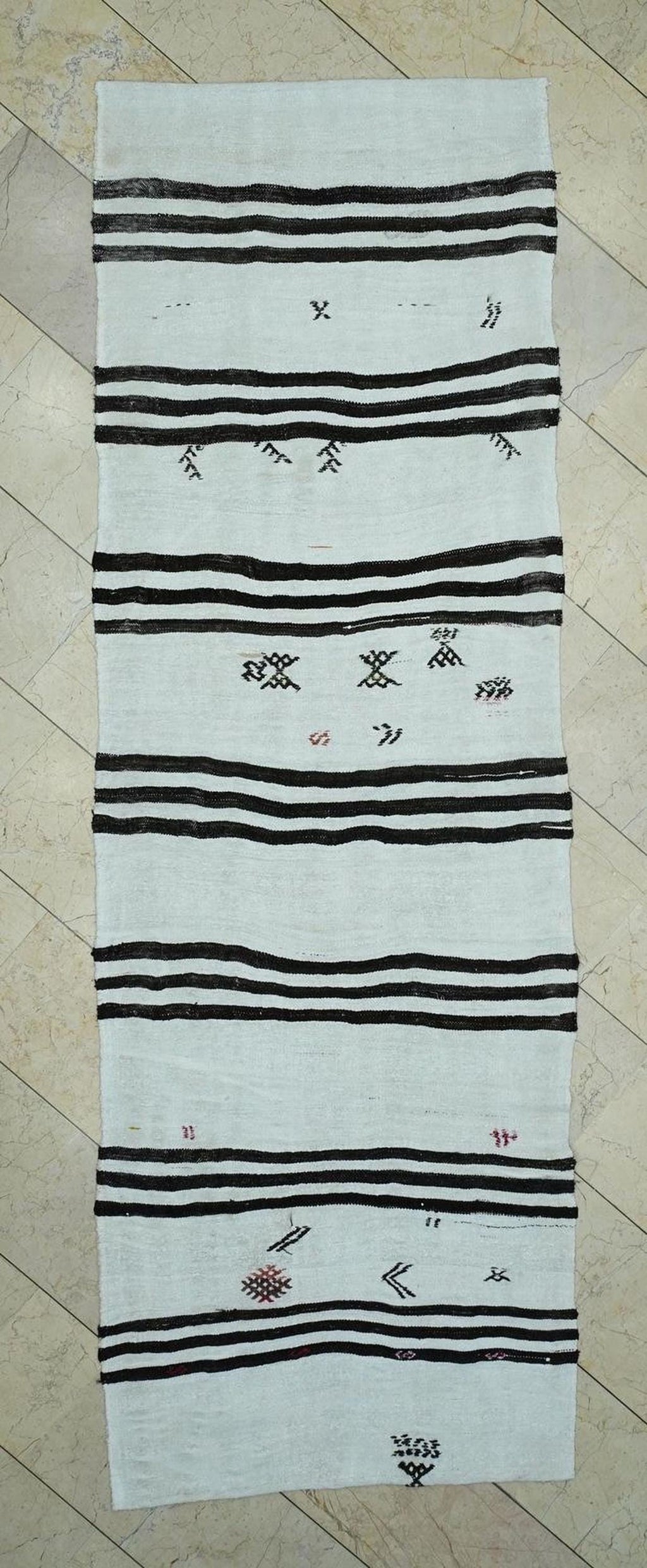 Dark Brown Striped White Hemp Kilim Rug Runner: 3.3x10 Feet,Scandinavian Style Decor Rugs.